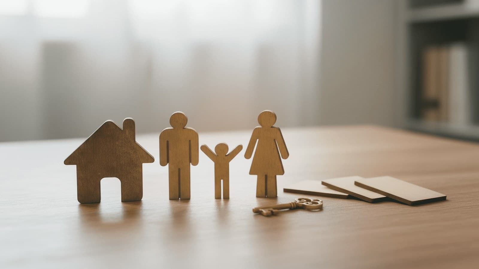 Wooden cutouts of a house and a family of three stand on a table beside a small key and stacked wooden cards