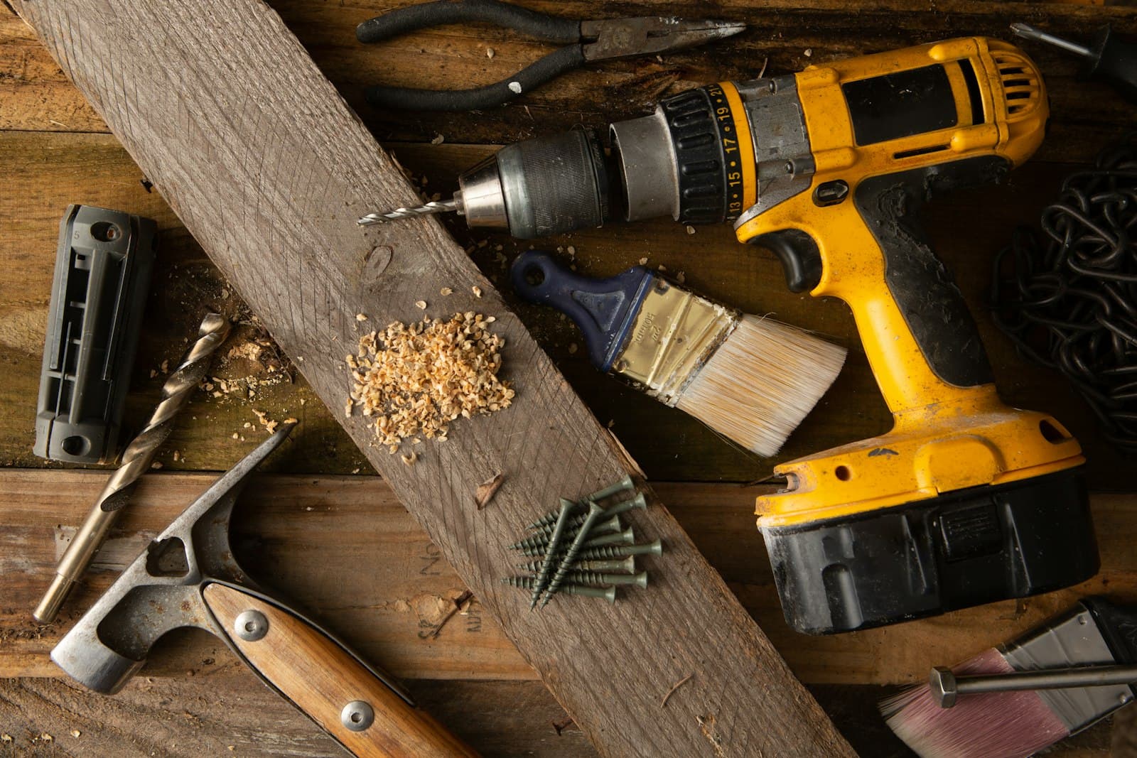 Hand tools laid out on a workbench